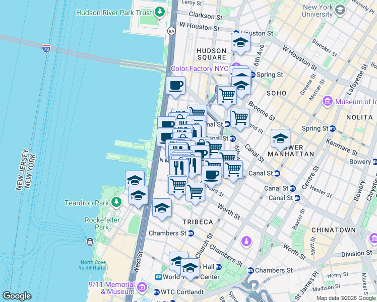 map of restaurants, bars, coffee shops, grocery stores, and more near 53 Beach Street in New York