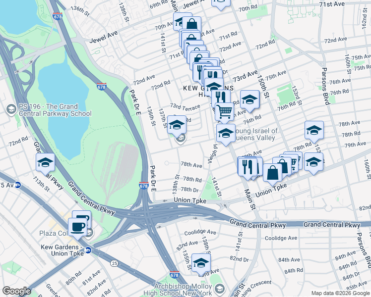 map of restaurants, bars, coffee shops, grocery stores, and more near 138-24 77th Avenue in Queens