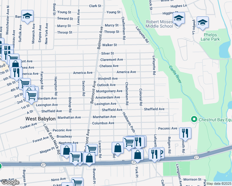 map of restaurants, bars, coffee shops, grocery stores, and more near 271 Amsterdam Avenue in West Babylon