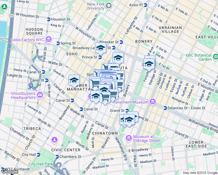 map of restaurants, bars, coffee shops, grocery stores, and more near 182 Mulberry Street in New York