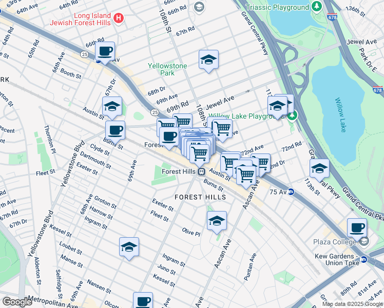 map of restaurants, bars, coffee shops, grocery stores, and more near 10737 71st Avenue in Queens