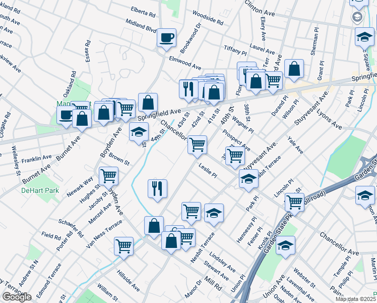 map of restaurants, bars, coffee shops, grocery stores, and more near 974 Chancellor Avenue in Irvington