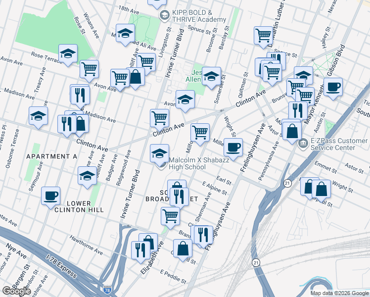 map of restaurants, bars, coffee shops, grocery stores, and more near 60 Milford Avenue in Newark