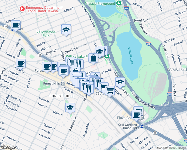 map of restaurants, bars, coffee shops, grocery stores, and more near 110-35 72nd Road in Queens