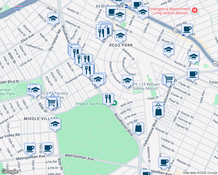 map of restaurants, bars, coffee shops, grocery stores, and more near 64-47 Fitchett Street in Queens
