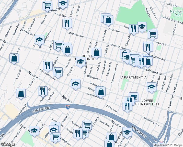 map of restaurants, bars, coffee shops, grocery stores, and more near 34 Leo Place in Newark