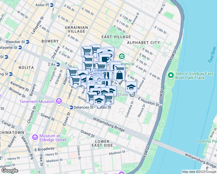 map of restaurants, bars, coffee shops, grocery stores, and more near 327 East Houston Street in New York