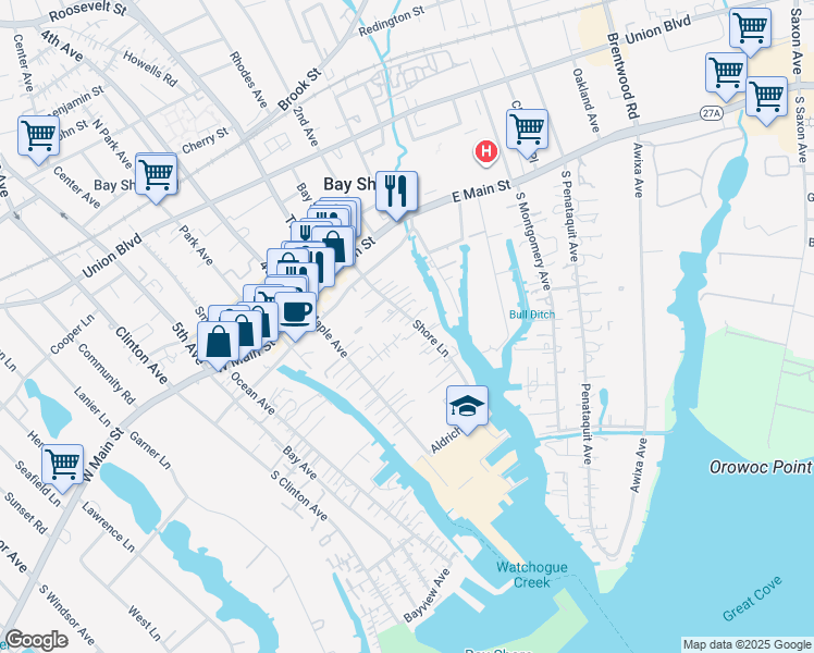 map of restaurants, bars, coffee shops, grocery stores, and more near 40 Shore Lane in Bay Shore