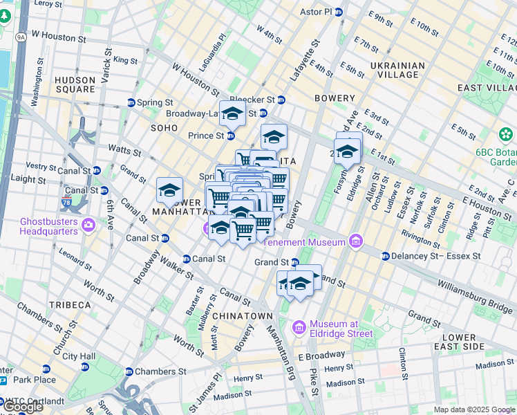 map of restaurants, bars, coffee shops, grocery stores, and more near 62 Kenmare Street in New York