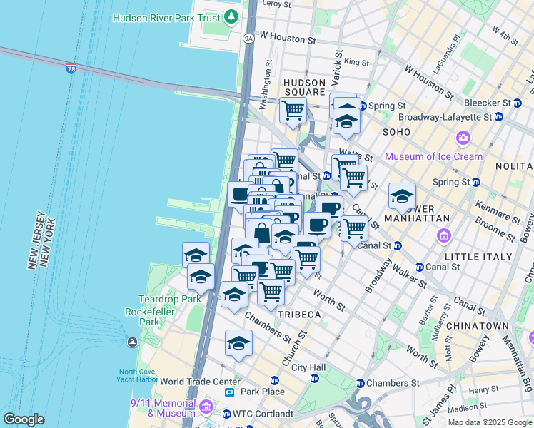 map of restaurants, bars, coffee shops, grocery stores, and more near 397 Greenwich Street in New York