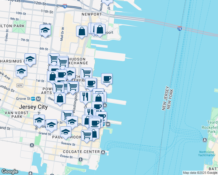 map of restaurants, bars, coffee shops, grocery stores, and more near 3 2nd Street in Jersey City