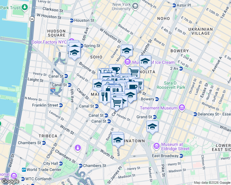map of restaurants, bars, coffee shops, grocery stores, and more near 35 Crosby Street in New York