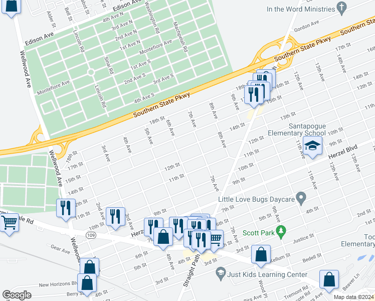 map of restaurants, bars, coffee shops, grocery stores, and more near 619 14th Street in West Babylon