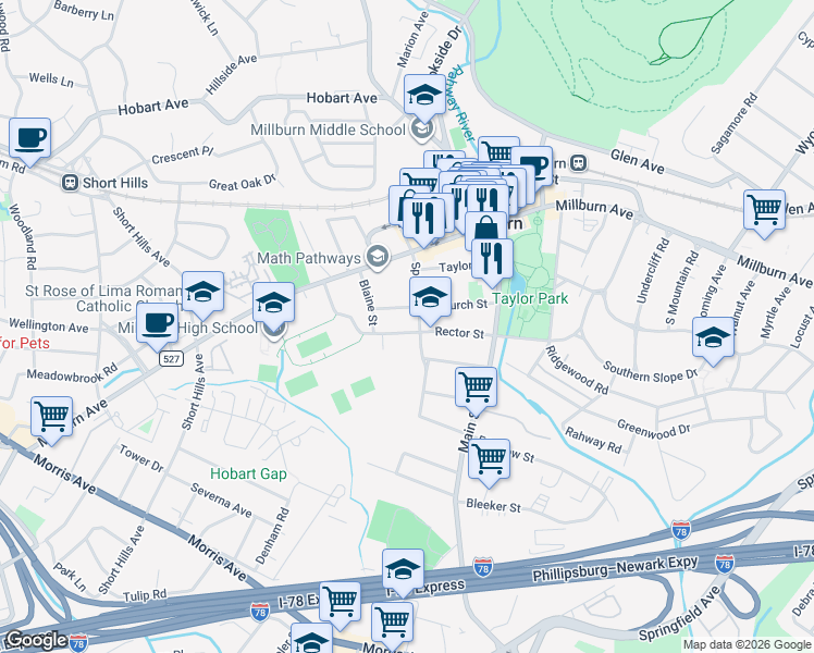 map of restaurants, bars, coffee shops, grocery stores, and more near 60 Rector Street in Essex County
