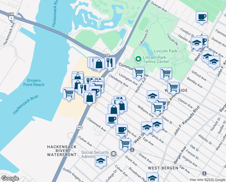 map of restaurants, bars, coffee shops, grocery stores, and more near 283 Boyd Avenue in Jersey City