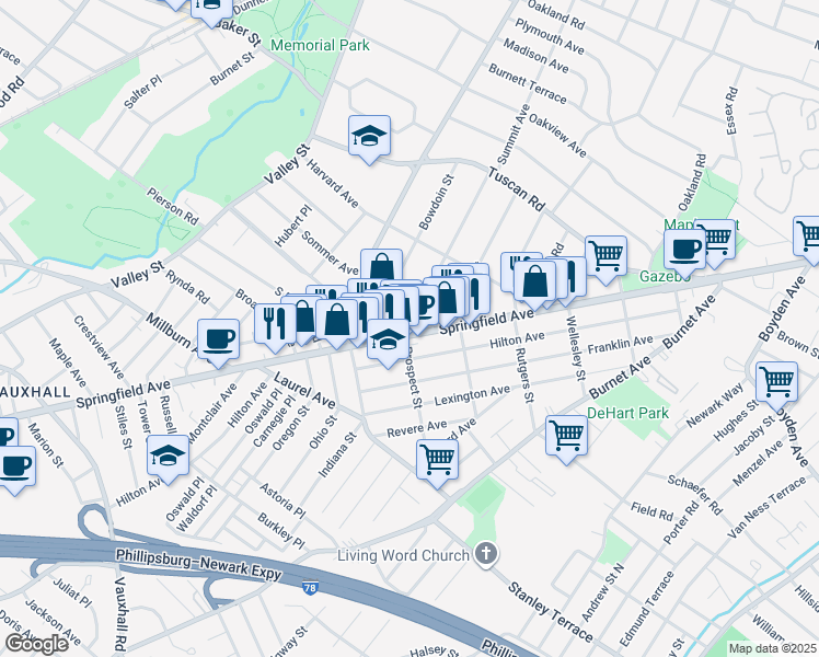 map of restaurants, bars, coffee shops, grocery stores, and more near 1873 Springfield Avenue in Maplewood