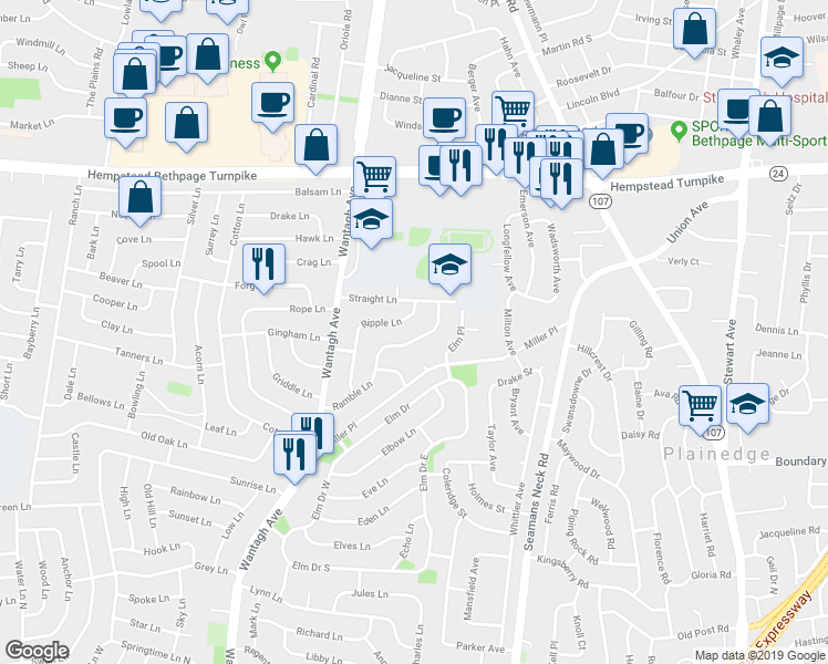 map of restaurants, bars, coffee shops, grocery stores, and more near 24 Ramble Lane in Levittown