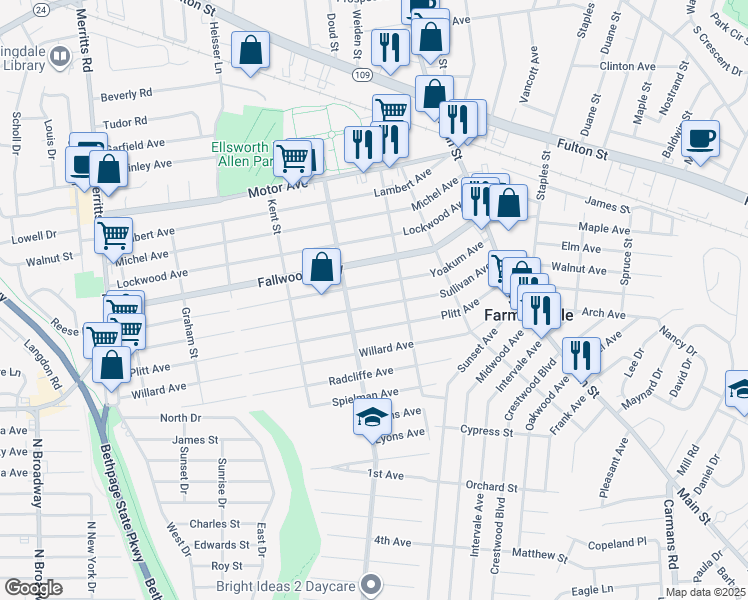 map of restaurants, bars, coffee shops, grocery stores, and more near 109 Sullivan Avenue in Farmingdale