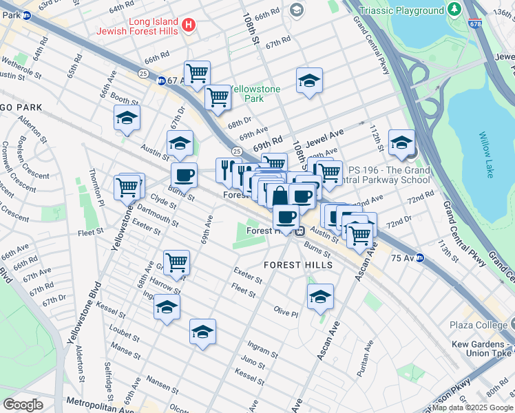 map of restaurants, bars, coffee shops, grocery stores, and more near 7000 Austin Street in Queens
