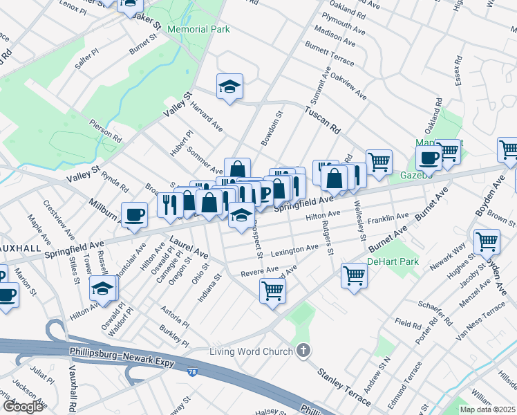 map of restaurants, bars, coffee shops, grocery stores, and more near 1873 Springfield Avenue in Maplewood
