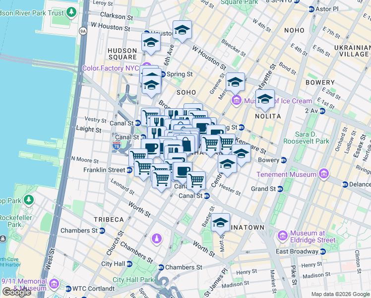 map of restaurants, bars, coffee shops, grocery stores, and more near 69 Mercer Street in New York