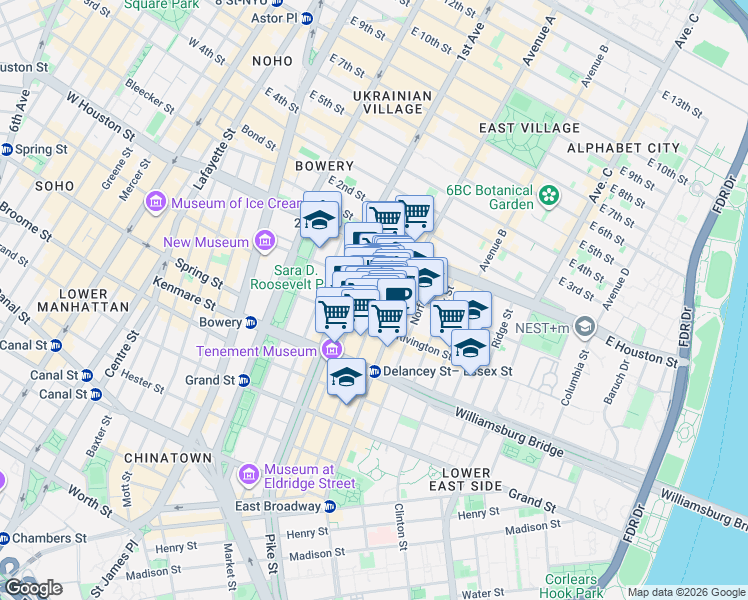 map of restaurants, bars, coffee shops, grocery stores, and more near 143 Essex Street in New York