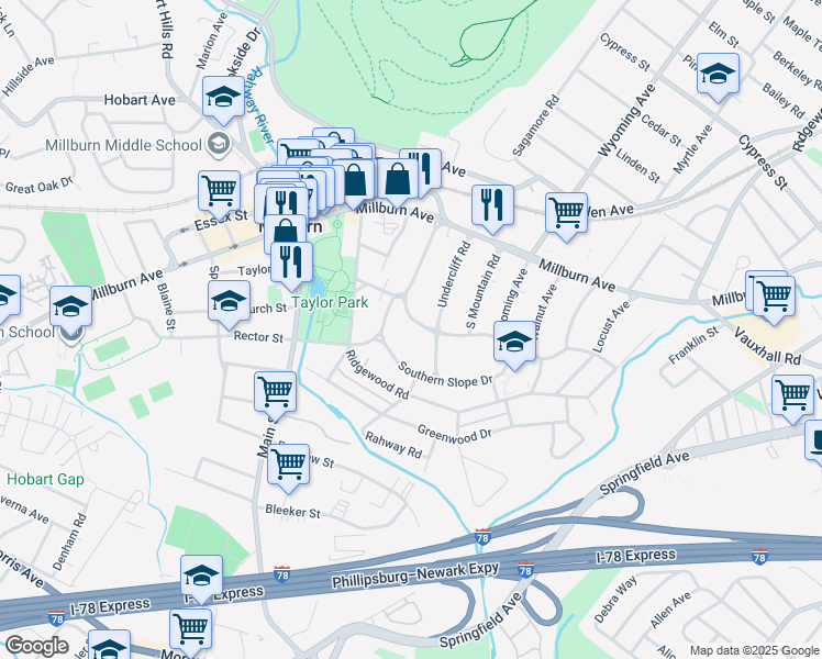 map of restaurants, bars, coffee shops, grocery stores, and more near 74 Mountainview Road in Essex County