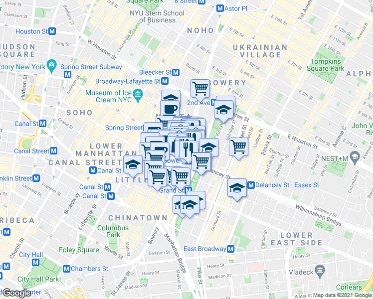 map of restaurants, bars, coffee shops, grocery stores, and more near Bowery & Spring Street in New York