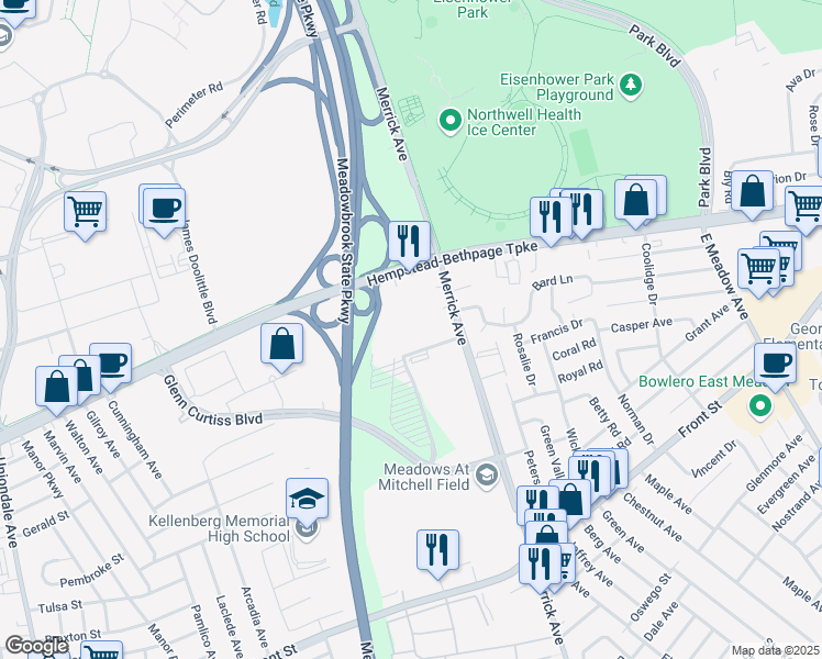 map of restaurants, bars, coffee shops, grocery stores, and more near 60 Merrick Avenue in East Meadow