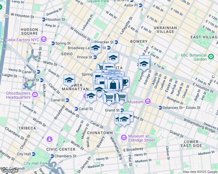 map of restaurants, bars, coffee shops, grocery stores, and more near 25 Kenmare Street in New York