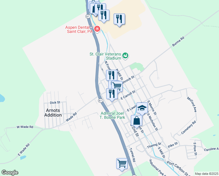 map of restaurants, bars, coffee shops, grocery stores, and more near 106 North 2nd Street in Saint Clair