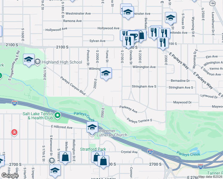 map of restaurants, bars, coffee shops, grocery stores, and more near 2041 Ashton Circle South in Salt Lake City