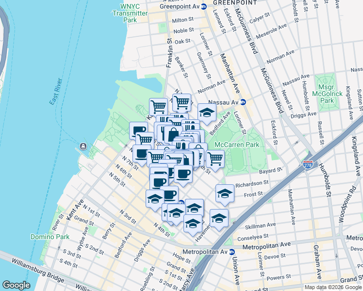 map of restaurants, bars, coffee shops, grocery stores, and more near 135 North 11th Street in Brooklyn