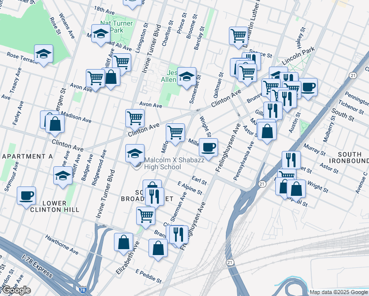 map of restaurants, bars, coffee shops, grocery stores, and more near 68 Elizabeth Avenue in Newark