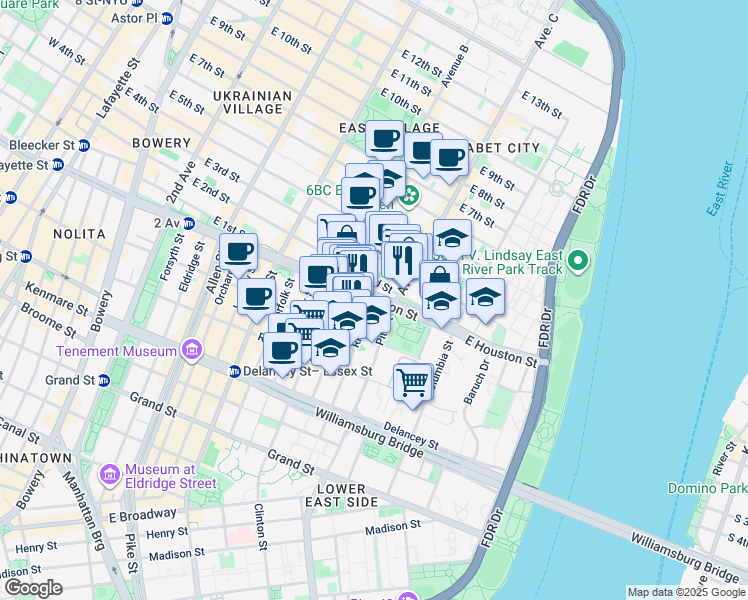 map of restaurants, bars, coffee shops, grocery stores, and more near 337 East Houston Street in New York