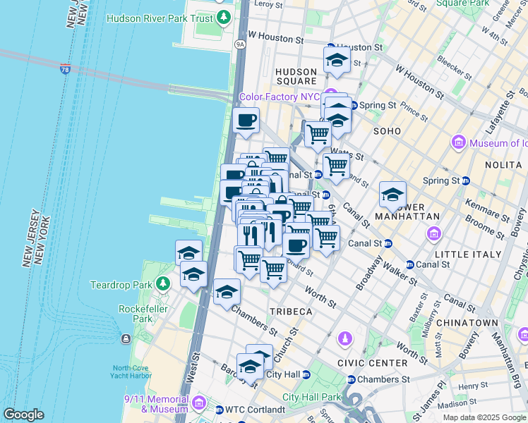 map of restaurants, bars, coffee shops, grocery stores, and more near 53 Beach Street in New York
