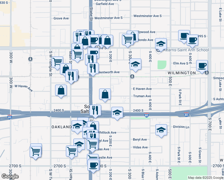 map of restaurants, bars, coffee shops, grocery stores, and more near 211 East Truman Avenue in South Salt Lake