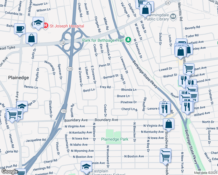 map of restaurants, bars, coffee shops, grocery stores, and more near 65 Cedar Drive in Farmingdale
