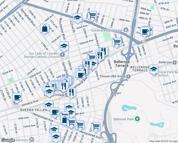 map of restaurants, bars, coffee shops, grocery stores, and more near 222-1 Jamaica Avenue in Queens