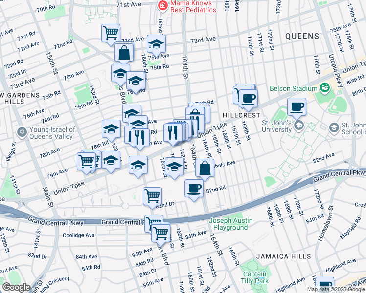 map of restaurants, bars, coffee shops, grocery stores, and more near 80-09 161 Street in Queens
