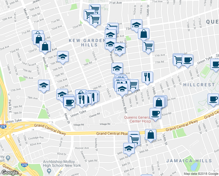 map of restaurants, bars, coffee shops, grocery stores, and more near 79-08 154th Street in Queens