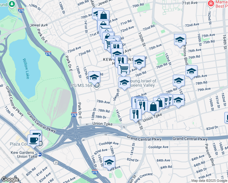 map of restaurants, bars, coffee shops, grocery stores, and more near 77-25 141st Street in Queens