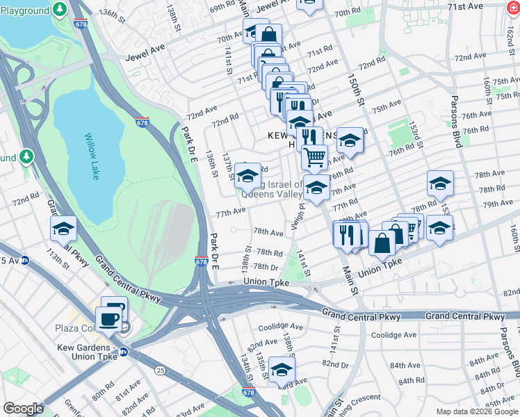 map of restaurants, bars, coffee shops, grocery stores, and more near 138-24 77th Avenue in Queens