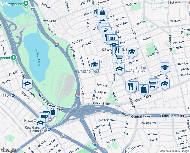 map of restaurants, bars, coffee shops, grocery stores, and more near 135-40 77th Avenue in Queens