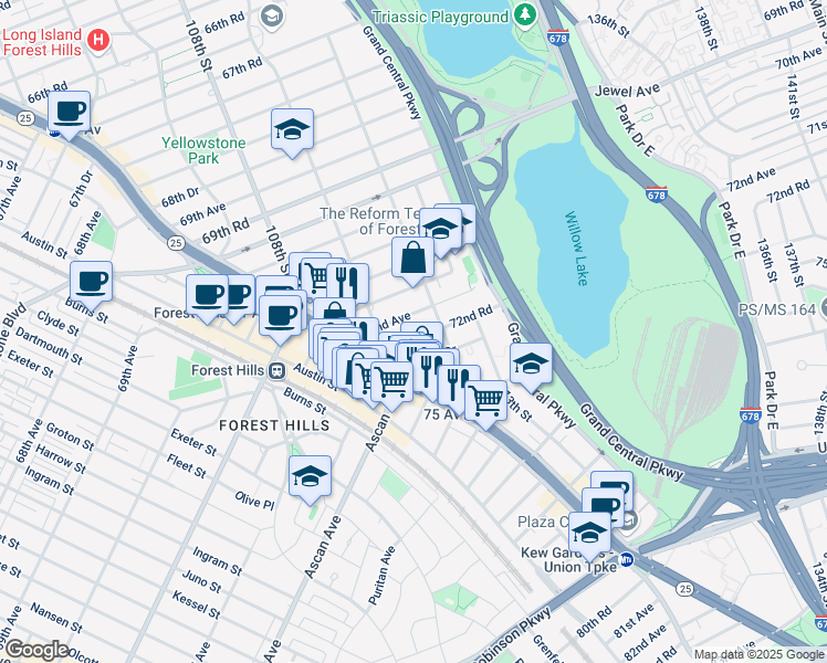 map of restaurants, bars, coffee shops, grocery stores, and more near 110-42 72nd Road in Queens