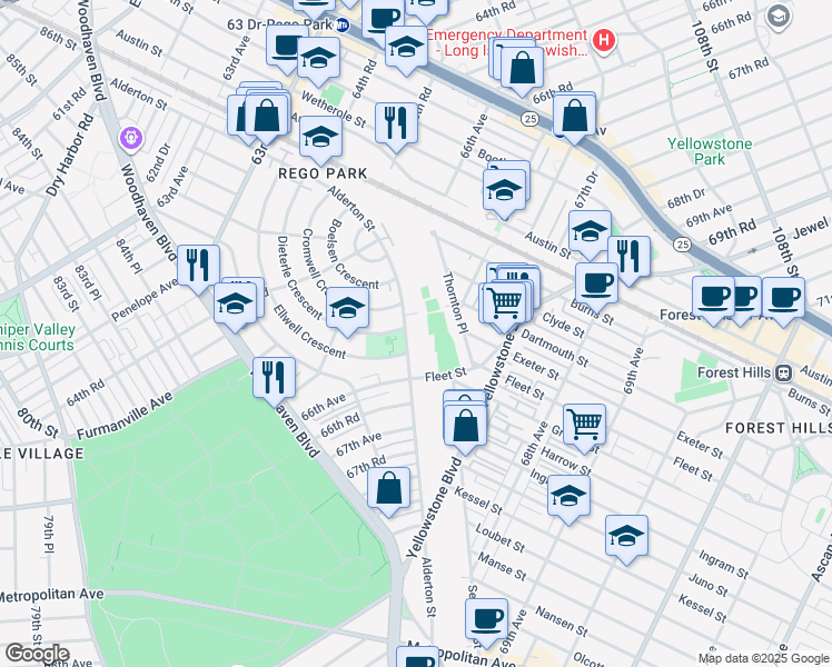map of restaurants, bars, coffee shops, grocery stores, and more near 65-31 Alderton Street in Queens