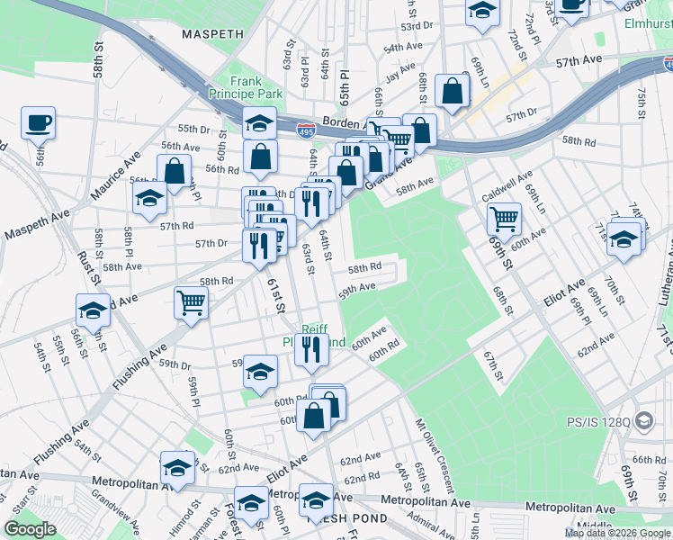 map of restaurants, bars, coffee shops, grocery stores, and more near 58-29 64th Street in Queens