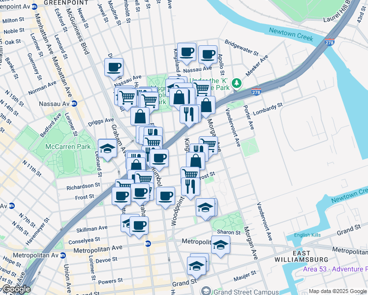 map of restaurants, bars, coffee shops, grocery stores, and more near 117 Kingsland Avenue in Brooklyn