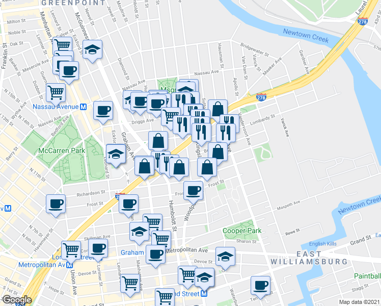 map of restaurants, bars, coffee shops, grocery stores, and more near 117 Kingsland Avenue in Brooklyn