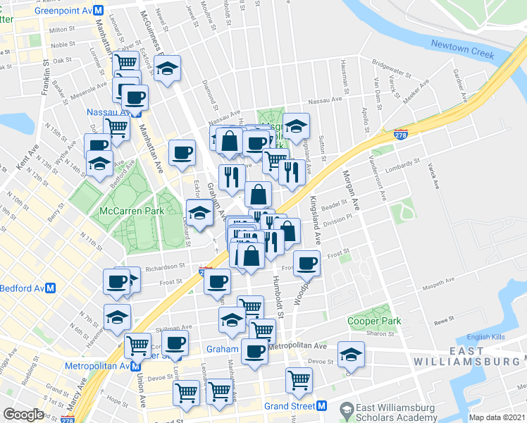 map of restaurants, bars, coffee shops, grocery stores, and more near in Brooklyn